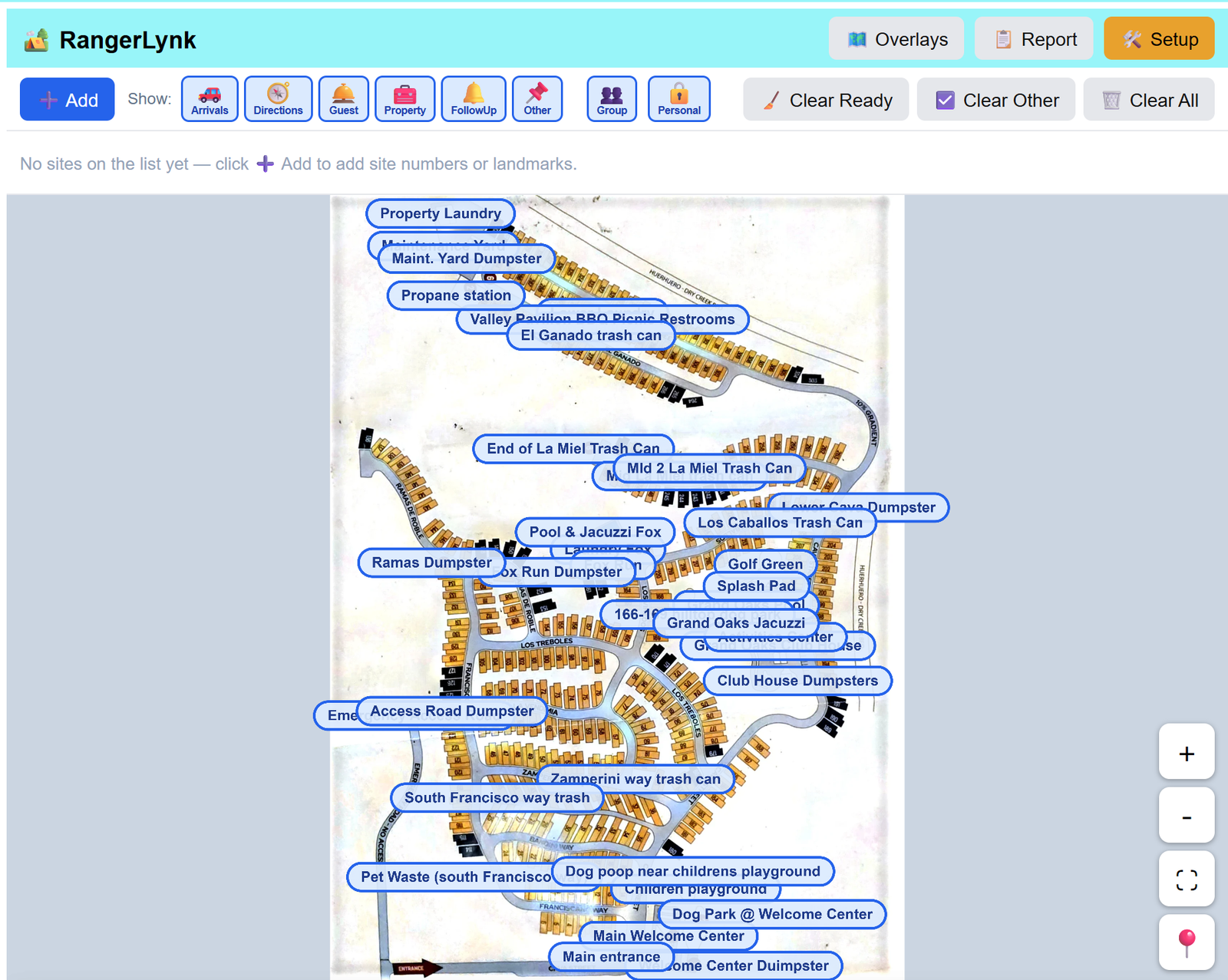 RangerLynk site-prep map — the day's arrival sites and landmarks pinned on the property map, color-coded by ready status