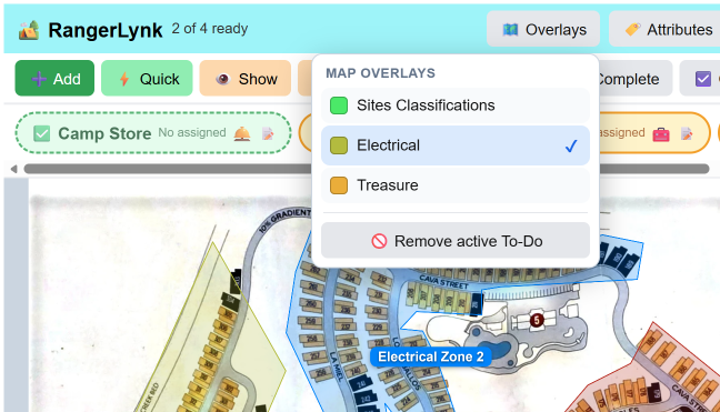 RangerLynk Map Overlays menu — zones such as Sites Classifications, Electrical and Treasure listed in a drop-down, with colored zones drawn on the property map