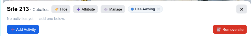 A RangerLynk site header for Site 213 with an Attribute button and a Has Awning tag that can be removed — attributes can be added or removed even when the site has no activities