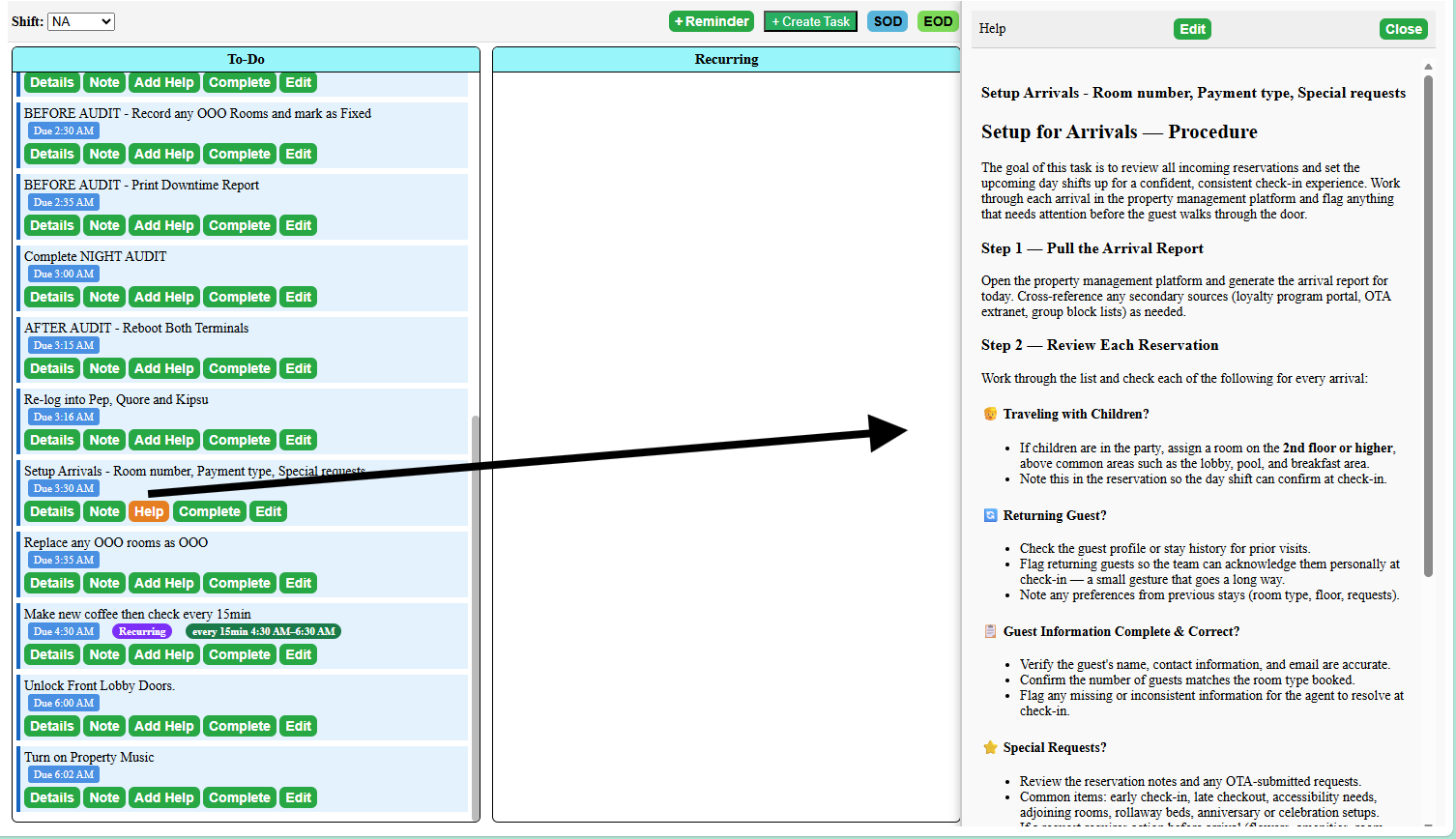 ShiftLynk Help System — task card with SOP panel open